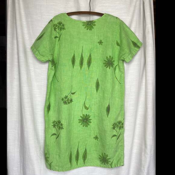 Vintage Floral Linen Dyed Lime Green Dress - Picture 5 of 6